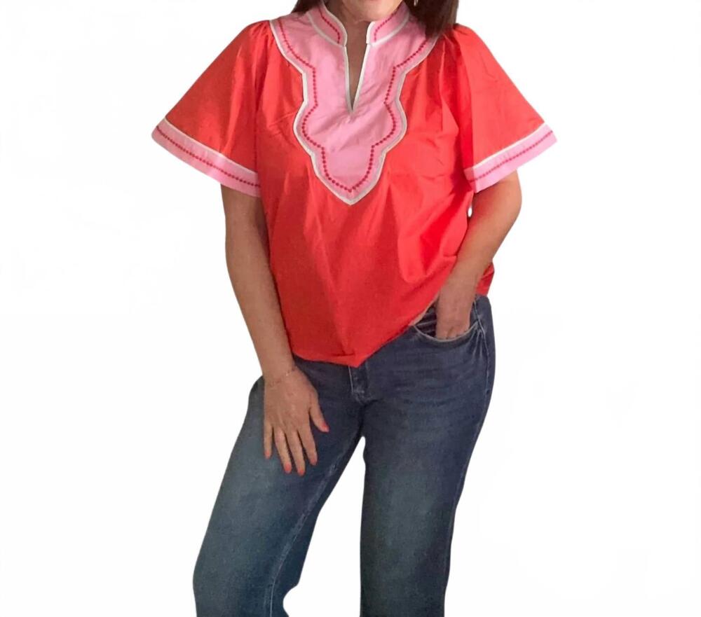 NEW THML wide sleeve contrast trim v-neck top in red